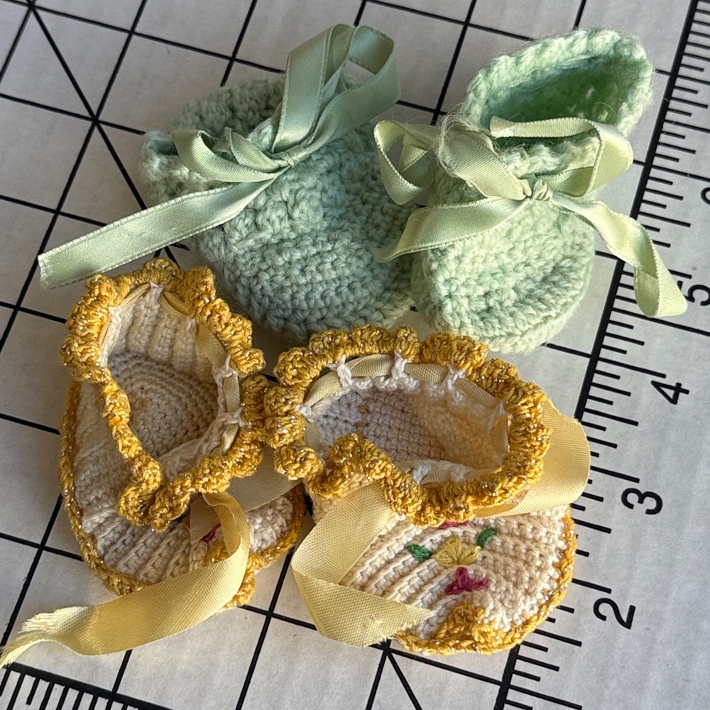 Vintage Handmade Crochet Doll Booties Lot of 2 – Mint Green & Cream Floral